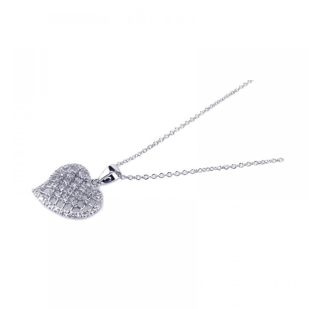 Sterling Silver Necklace with Stylish Mesh Heart Inlaid with Clear Czs Pendant