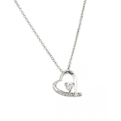 Sterling Silver Rhodium Plated Clear CZ Heart Pendant Necklace