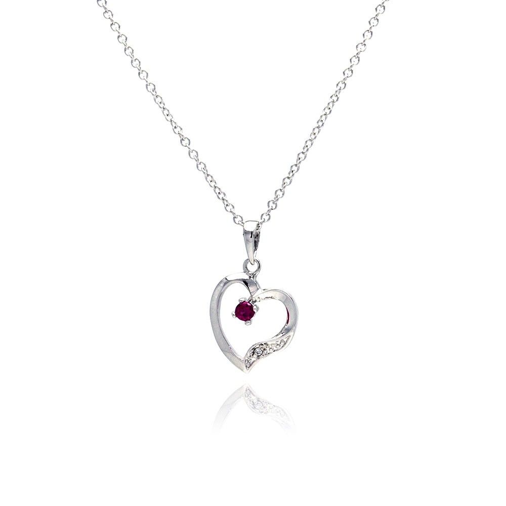 Sterling Silver Necklace with Trendy Open Heart Inlaid with Clear Czs and Centered Round Cut Ruby Cz Pendant