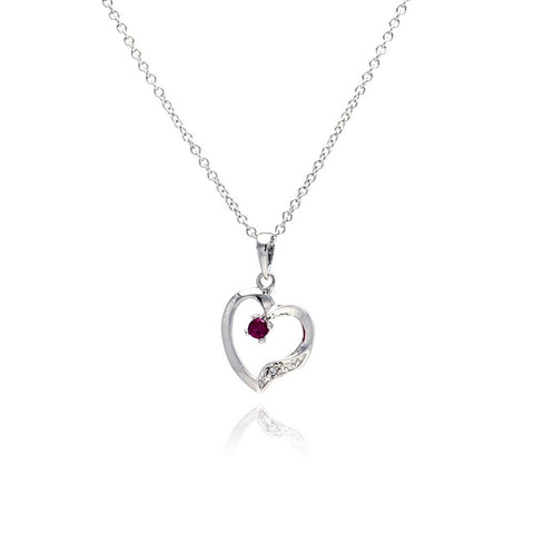 Sterling Silver Necklace with Trendy Open Heart Inlaid with Clear Czs and Centered Round Cut Ruby Cz Pendant