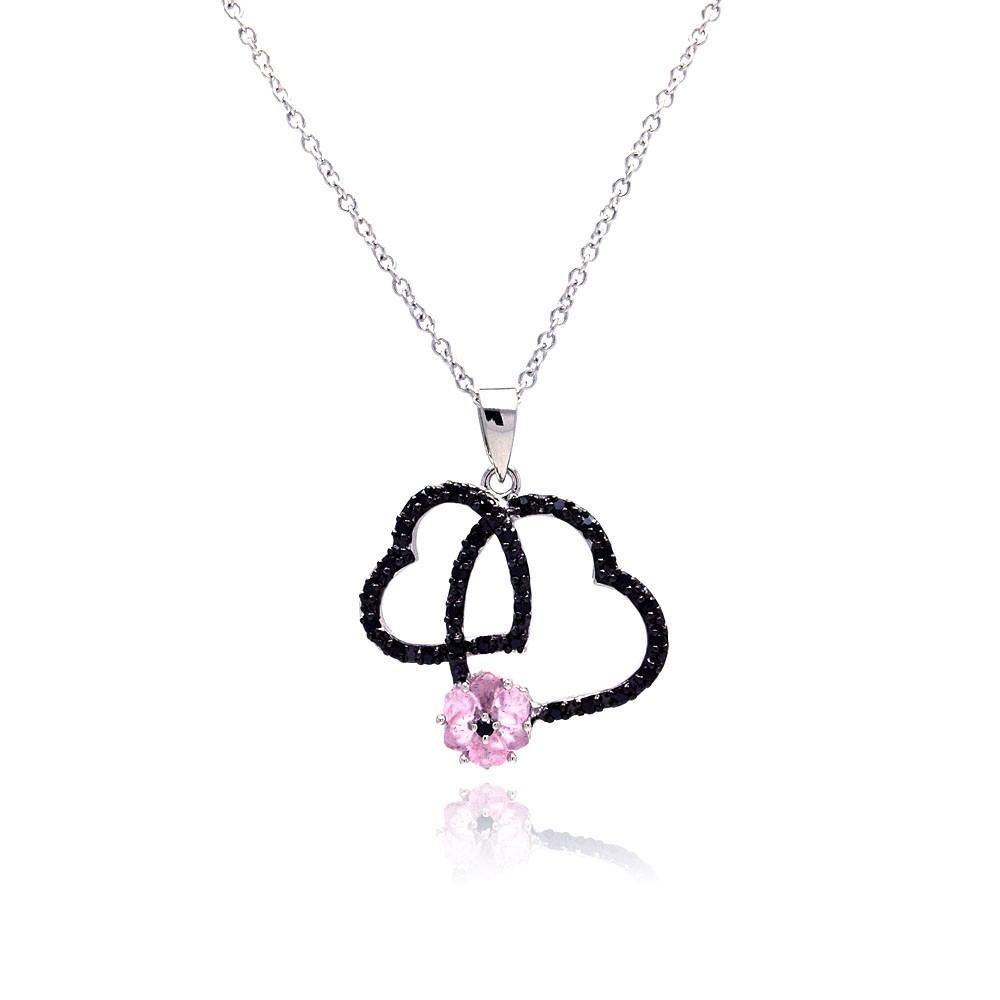 Sterling Silver Necklace with Fancy Paved Black Czs Double Heart and Pink Cz Flower Design Pendant