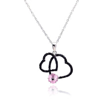 Load image into Gallery viewer, Sterling Silver Necklace with Fancy Paved Black Czs Double Heart and Pink Cz Flower Design Pendant