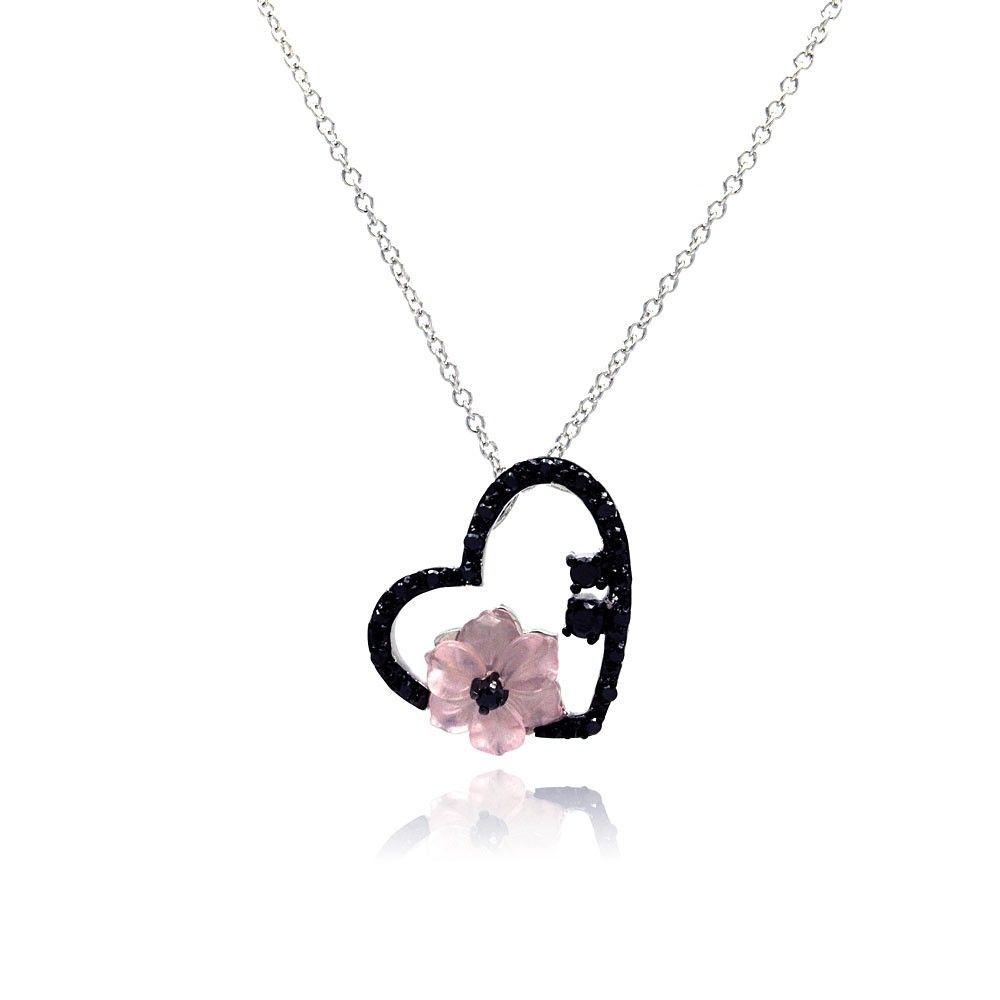 Sterling Silver Necklace with Trendy Open Paved Black Czs Heart and Pink Cz Flower Design Pendant