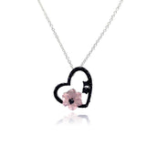 Sterling Silver Necklace with Trendy Open Paved Black Czs Heart and Pink Cz Flower Design Pendant