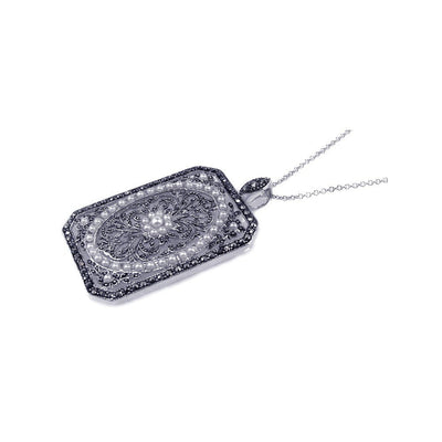 Sterling Silver Necklace with Octagon Marcasite Pendant Inlaid with Black Czs and White Pearls