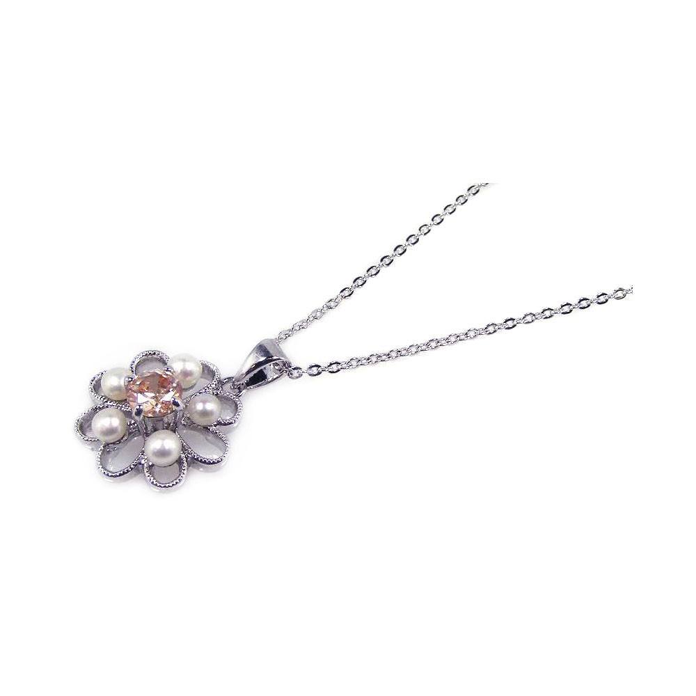Sterling Silver Necklace with Fancy Flower Inlaid with Multi White Pearl and Centered with Champagne Cz Pendant