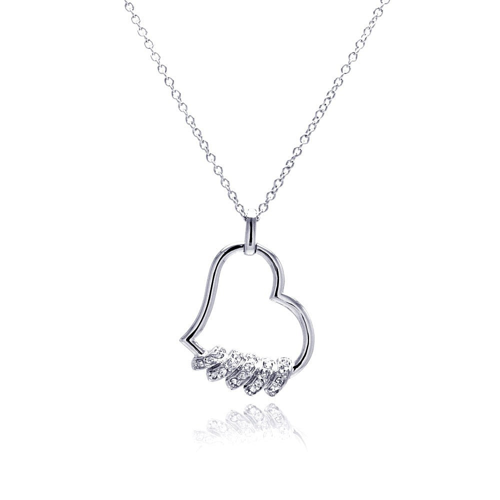 Sterling Silver Necklace with Delicate Open Heart with Multi Ring Design Inlaid with Clear Czs Pendant