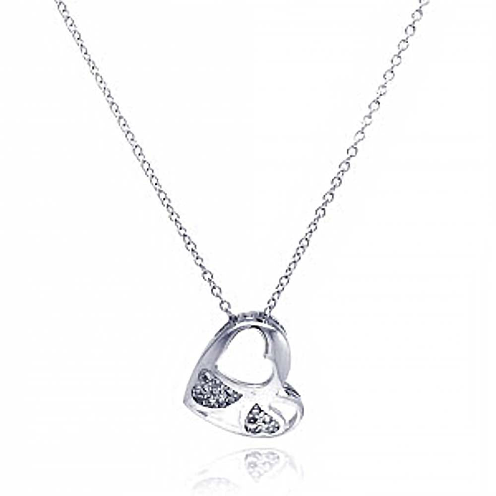 Sterling Silver Necklace with Modish Heart with Paved Heart Pattern Design Pendant