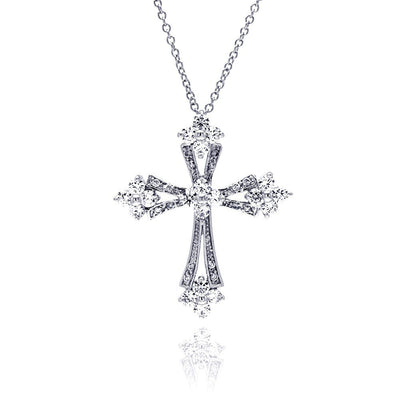 Sterling Silver Clear CZ Rhodium Plated Cross Pendant Necklace