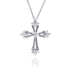 Sterling Silver Clear CZ Rhodium Plated Cross Pendant Necklace