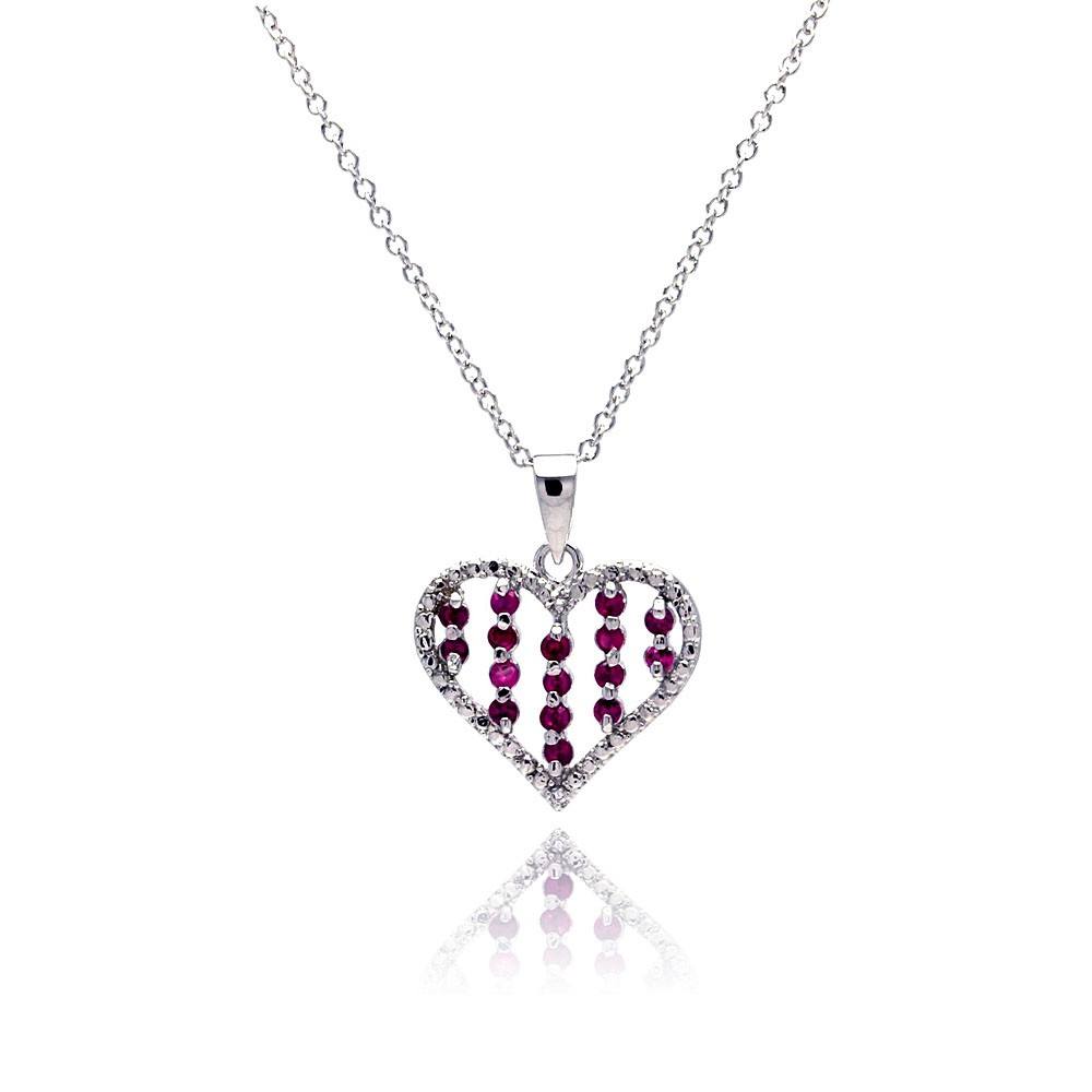 Sterling Silver Necklace with Pink Czs Strip Design Heart Pendant