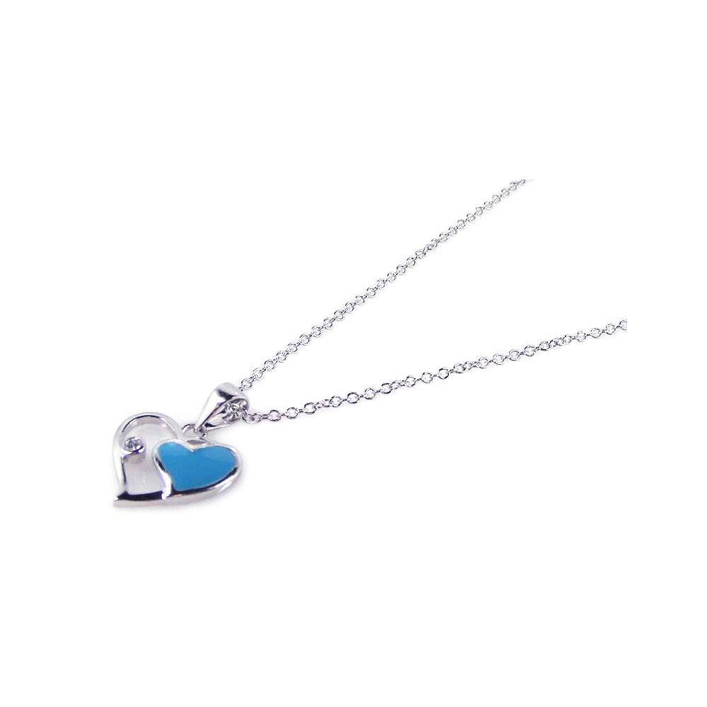 Sterling Silver Necklace with Blue Enamel Double Heart Inlaid with Single Clear Cz Pendant