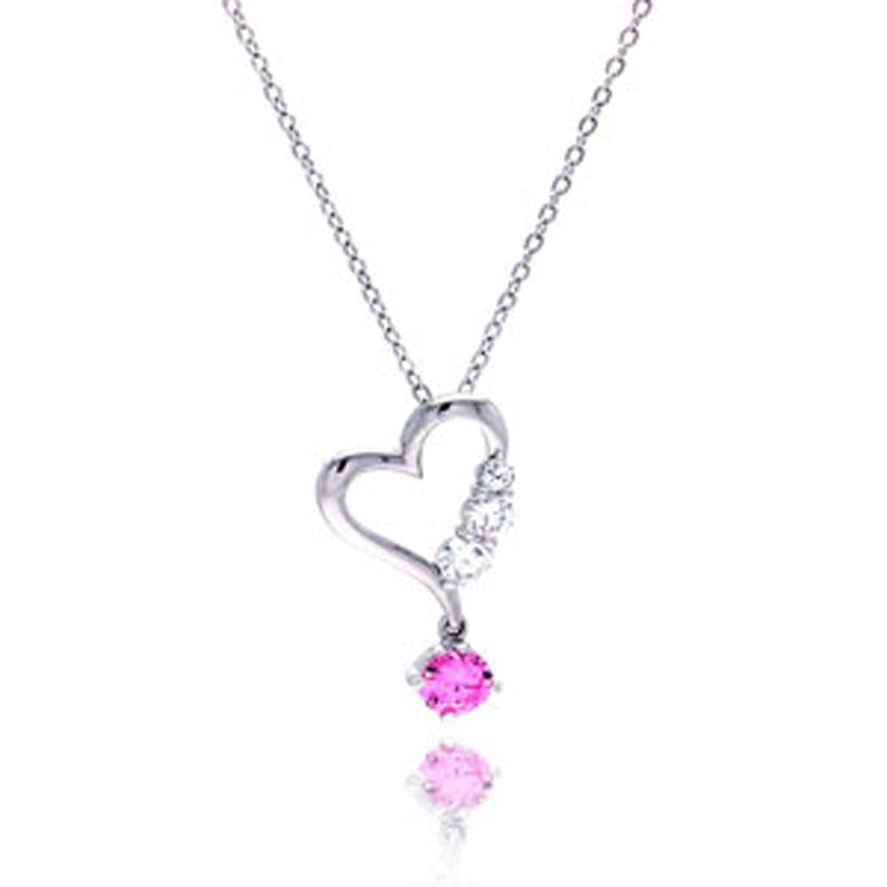 Sterling Silver Necklace with Fancy Open Heart Inlaid with Clear Czs and Single Round Cut Pink Cz Dangling Pendant