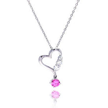 Load image into Gallery viewer, Sterling Silver Necklace with Fancy Open Heart Inlaid with Clear Czs and Single Round Cut Pink Cz Dangling Pendant