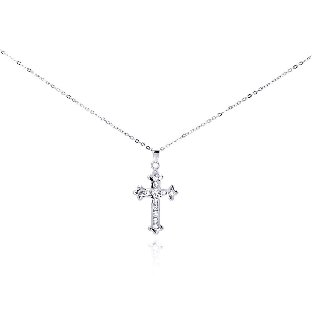 Sterling Silver Clear CZ Rhodium Plated Cross Pendant Necklace