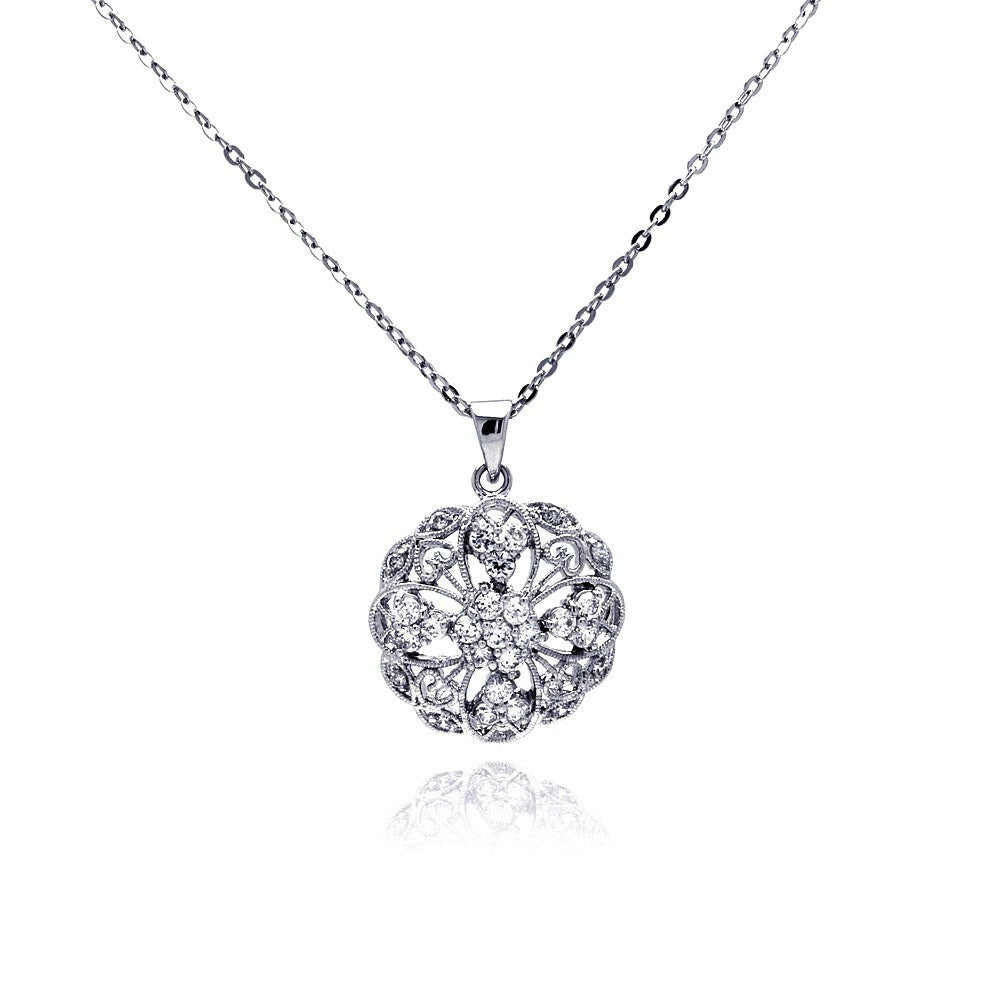 Sterling Silver Necklace with Antique Style Round Filigree Pendant Flower and Heart Design Inlaid with Clear Czs