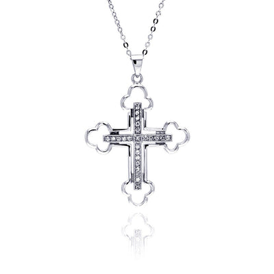 Sterling Silver Clear CZ Rhodium Plated Cross Pendant Necklace