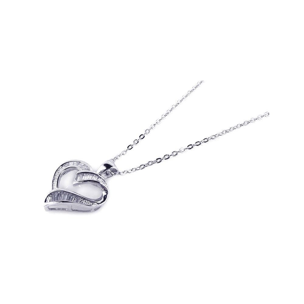 Sterling Silver Necklace with Modish Open Heart Inlaid with Baguette Clear Czs Pendant