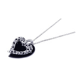 Sterling Silver Necklace with Black Onyx and Silver Open Heart Inlaid with Clear Czs Pendant