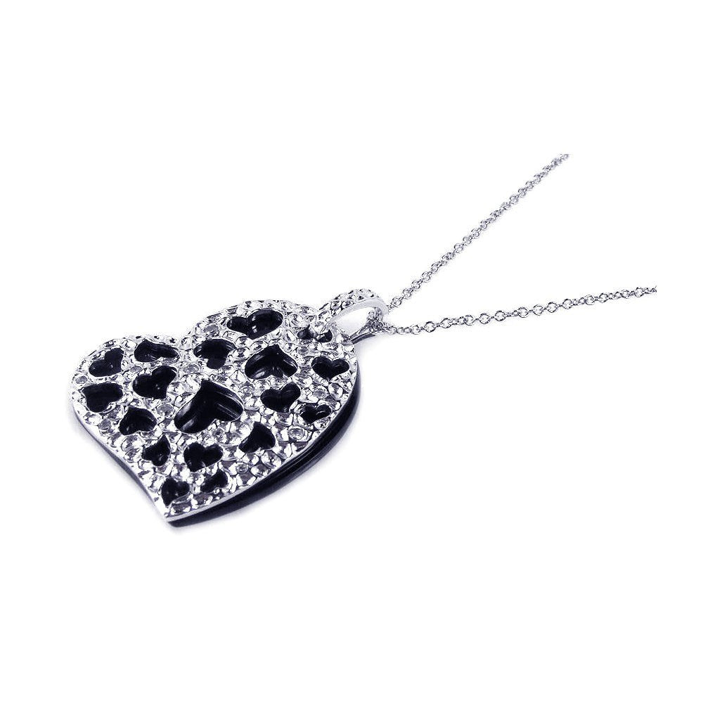 Sterling Silver Necklace with Sideways Black Onyx and Silver Multi Cut-Out Heart Inlaid with Clear Czs Pendant