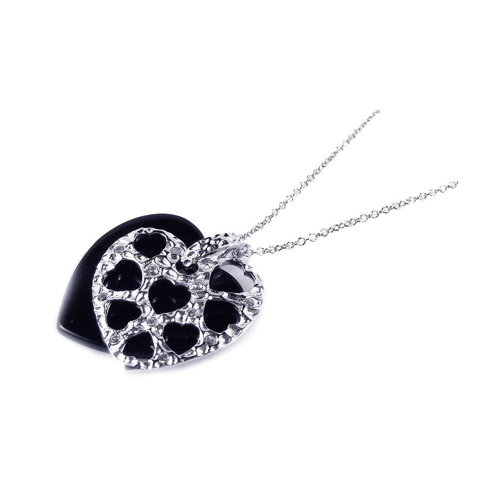 Sterling Silver Necklace with Black Onyx and Silver Multi Cut-Out Heart Inlaid with Clear Czs Pendant