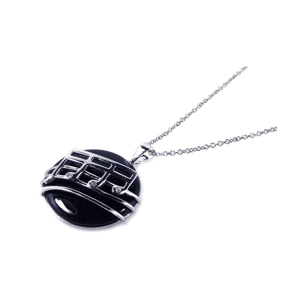 Sterling Silver Necklace with Round Black Onyx Pendant with Music Note and Czs Inlaid