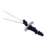 Sterling Silver Rhodium Plated Cross CZ Graduate Ball Black Onyx Necklace
