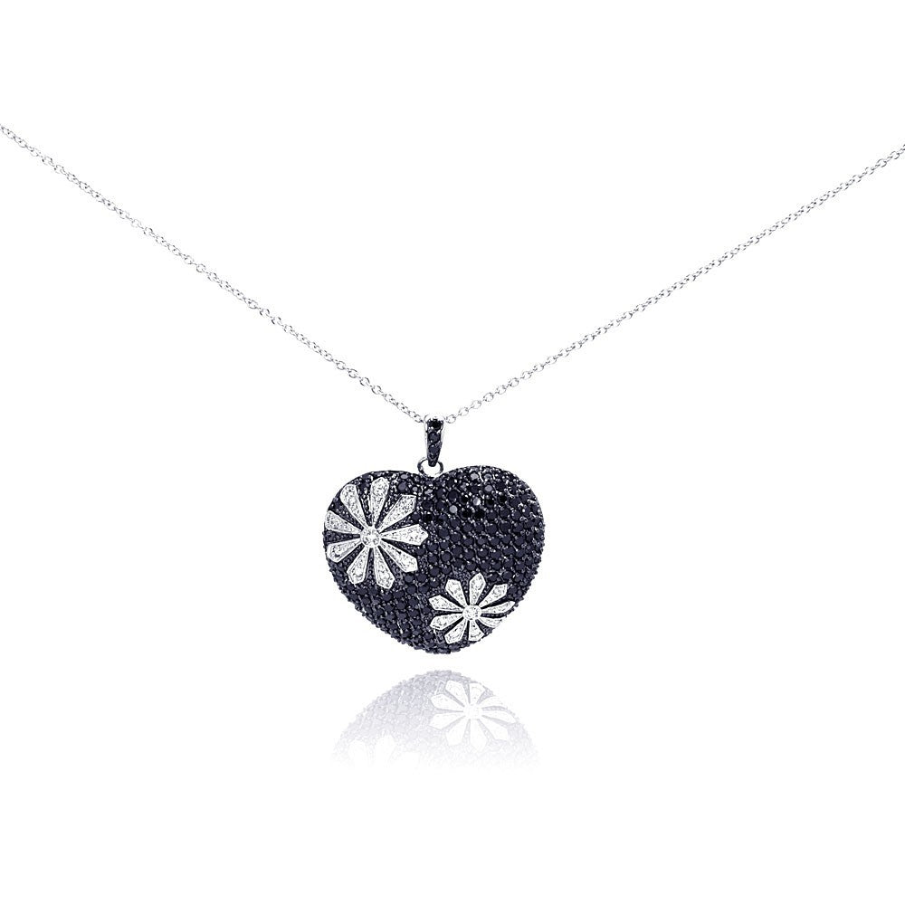 Sterling Silver Necklace with Fancy Heart Covered with Black Czs and Clear Czs Flower Pattern Design Pendant