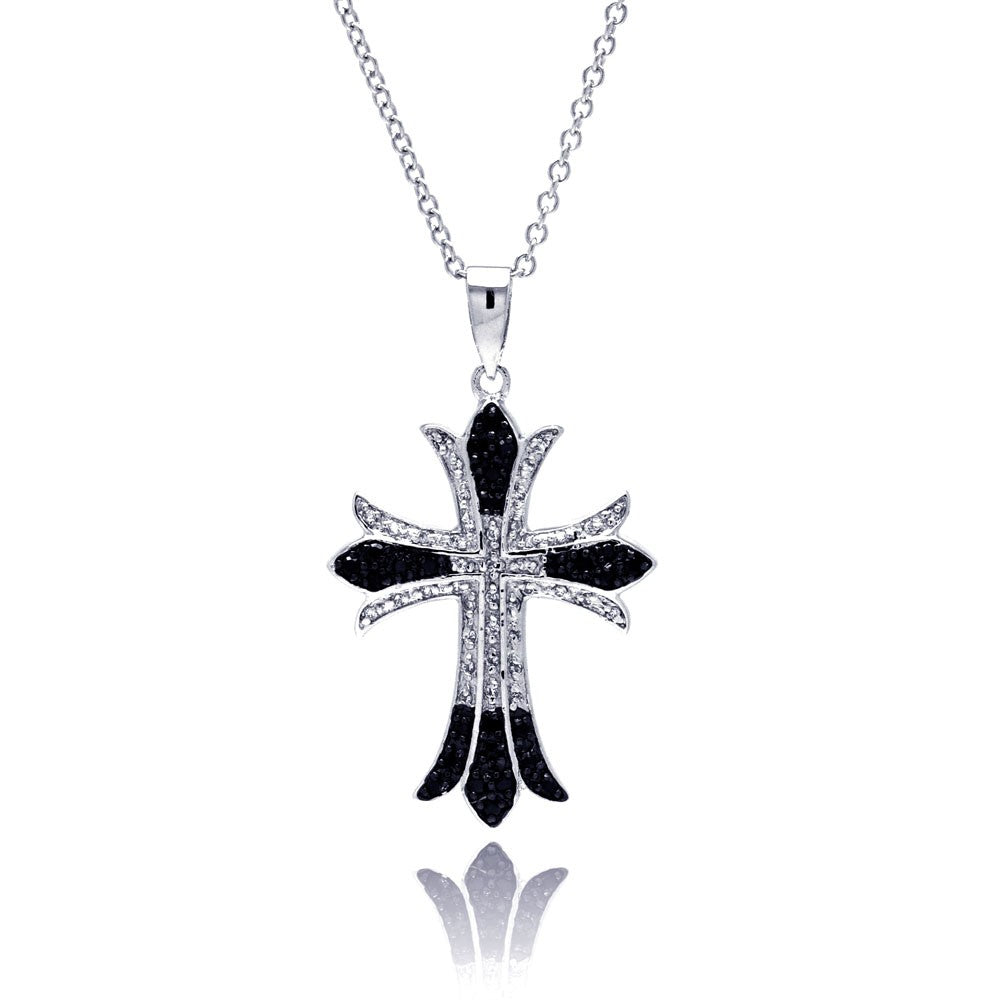 Sterling Silver Black and Rhodium Plated Cross CZ Necklace
