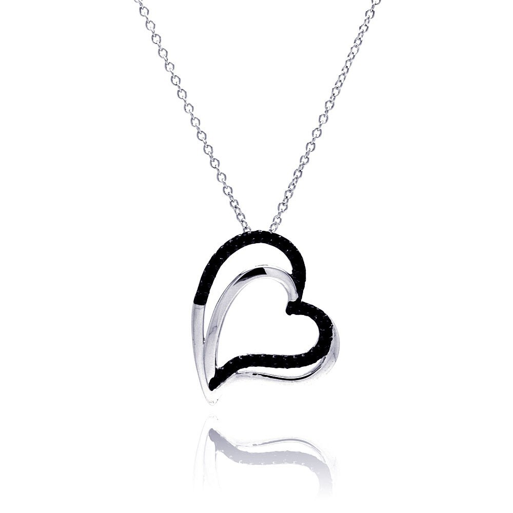 Sterling Silver Necklace with Trendy Double Open Heart Design Inlaid with Black Czs Pendant