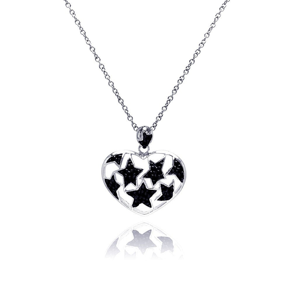 Sterling Silver Necklace with High Polished Heart with Multi Black Cz Star Design Pendant