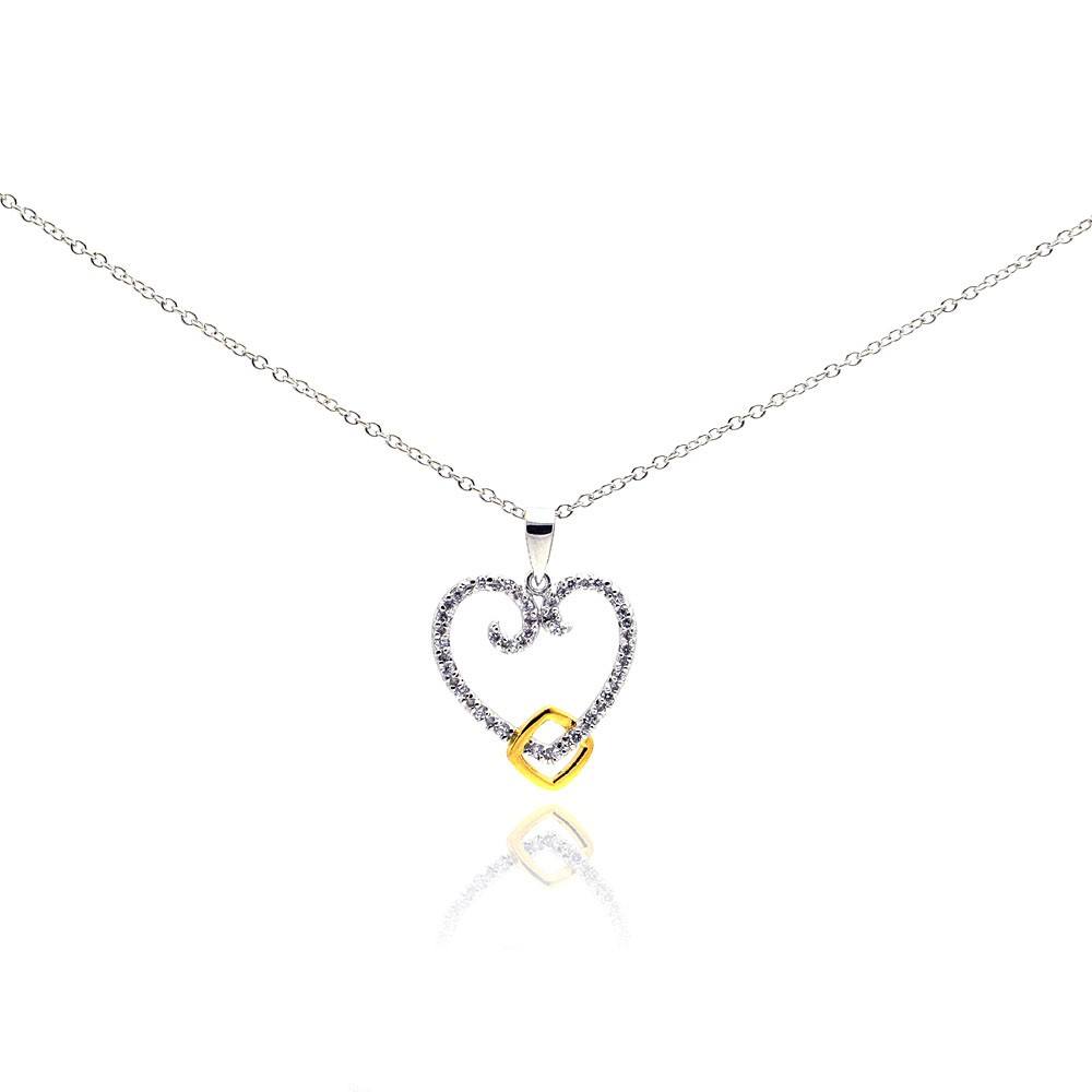 Sterling Silver Necklace with Open Paved Curl Heart with Gold Plated Square Ring Design Pendant