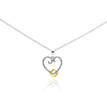 Load image into Gallery viewer, Sterling Silver Necklace with Open Paved Curl Heart with Gold Plated Square Ring Design Pendant