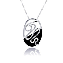 Load image into Gallery viewer, Sterling Silver Necklace with Fancy Oval Pendant Half Black Onyx and Inlaid with Lined Cz Pattern Design