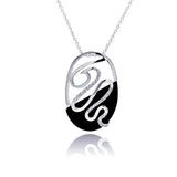 Sterling Silver Necklace with Fancy Oval Pendant Half Black Onyx and Inlaid with Lined Cz Pattern Design