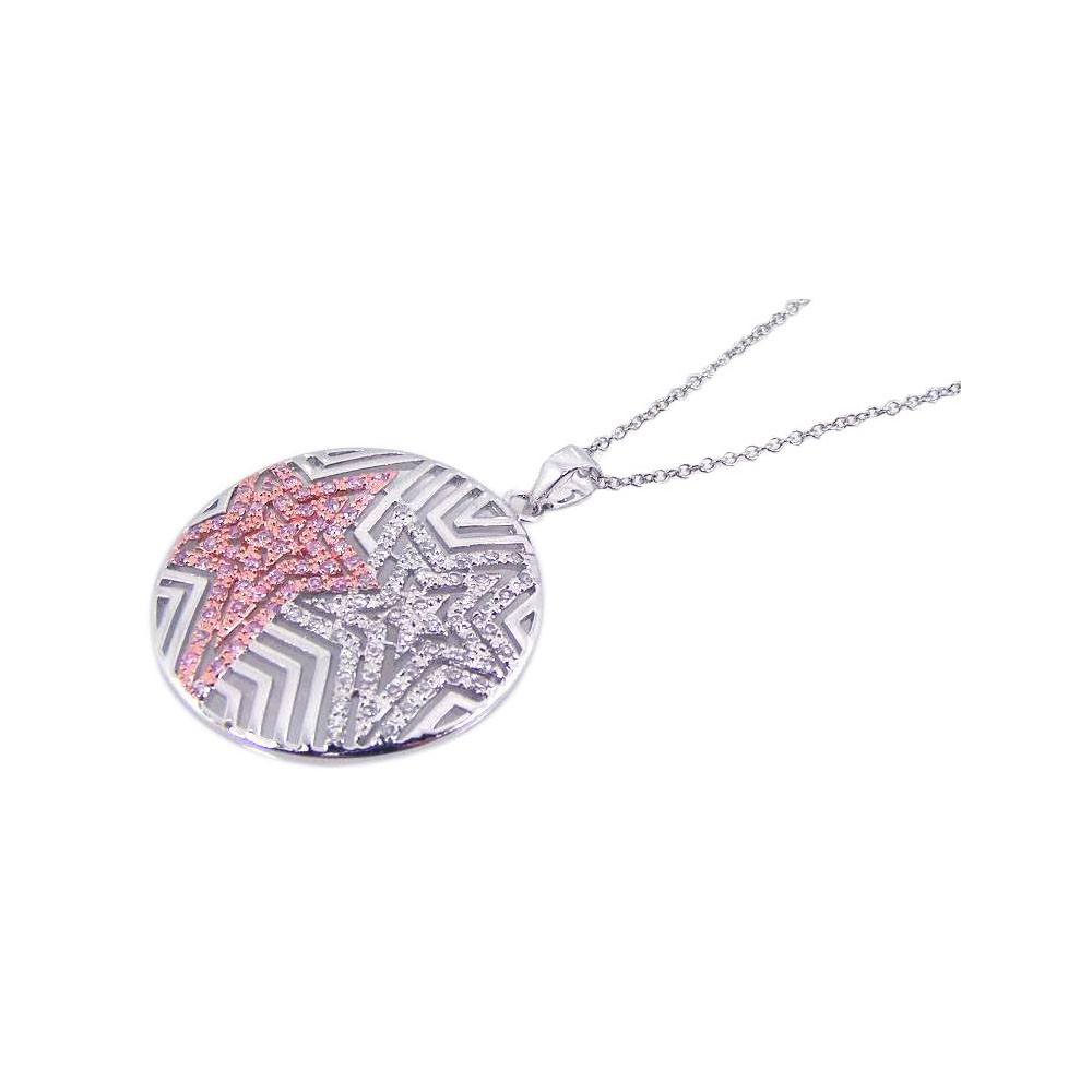 Sterling Silver Necklace with Fancy Two-Toned Stars Design Inlaid with Clear and Pink Czs Round Pendant