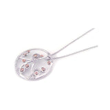 Sterling Silver Necklace with Open Circle Filigree Flower Vine Pendant Inlaid with Clear Cz on Rose Gold Plated Bezel Setting