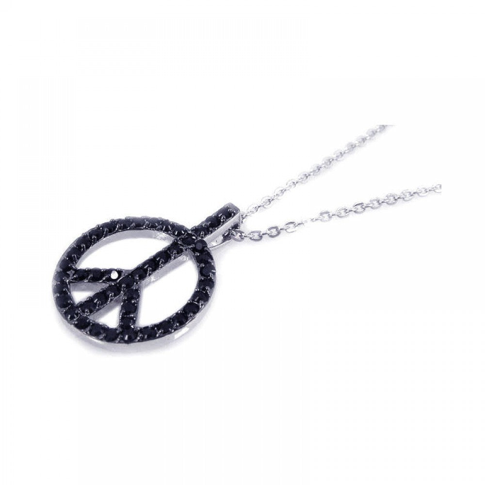 Sterling Silver Necklace with Modish Black Plated Peace Sign Inlaid with Black Czs Pendant