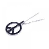 Sterling Silver Necklace with Modish Black Plated Peace Sign Inlaid with Black Czs Pendant