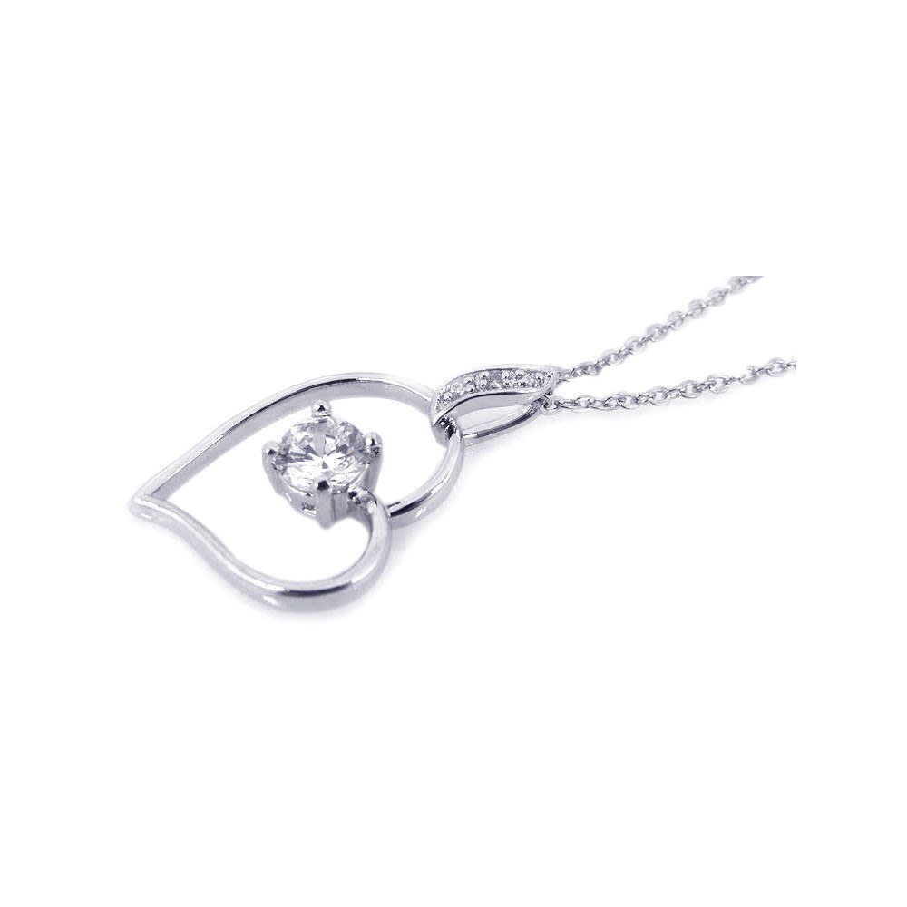 Sterling Silver Necklace with Classy Open Heart Set with Round Cut Clear Cz Pendant