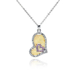 Sterling Silver Necklace with Fancy Sideways Paved Heart with Gold Plated Strip Pattern and Pink Cz Heart Design Pendant