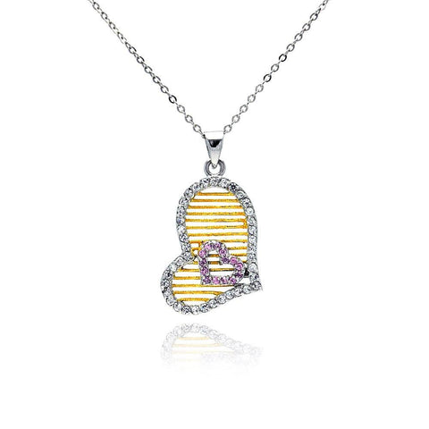 Sterling Silver Necklace with Fancy Sideways Paved Heart with Gold Plated Strip Pattern and Pink Cz Heart Design Pendant