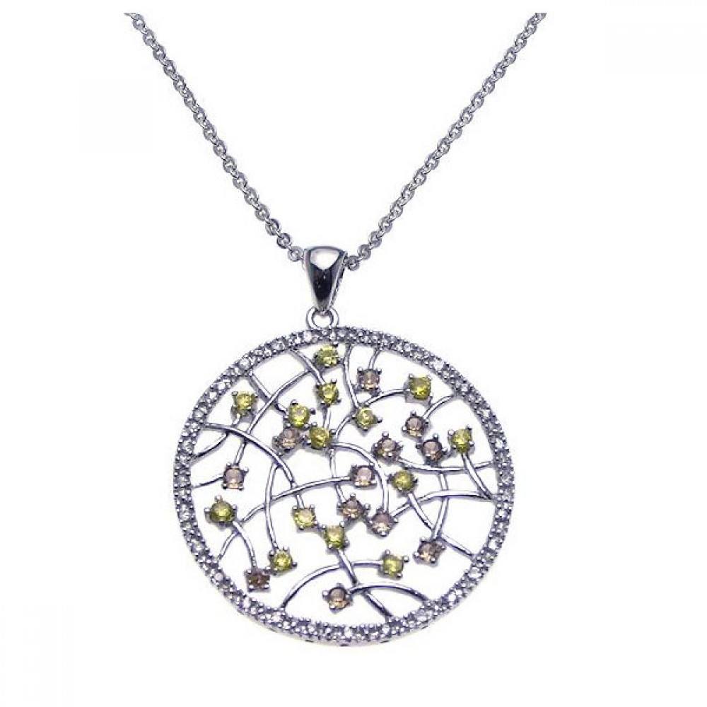 Sterling Silver Necklace with Fancy Round Cu-Out Filigree Pendant Inlaid with ClearAnd Citrine and Champagne Czs