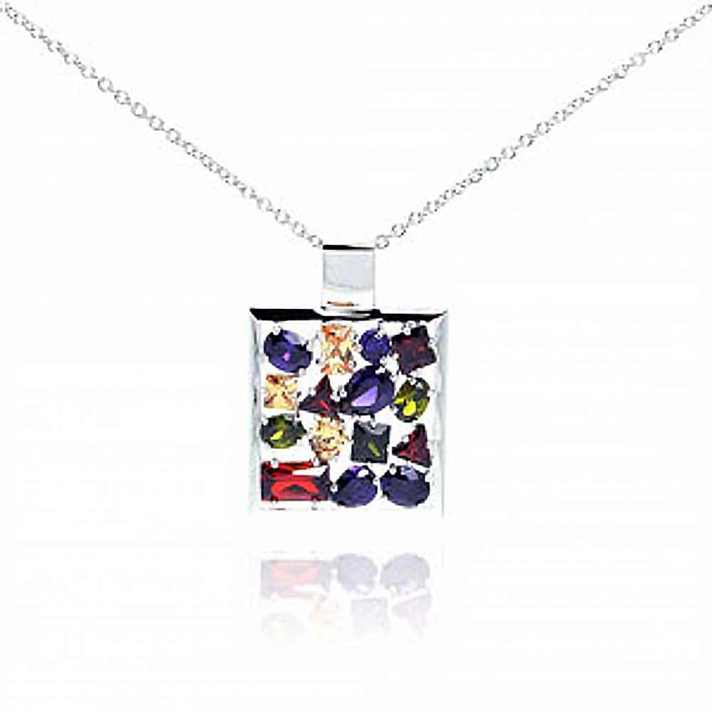 Sterling Silver Necklace with Fancy Square Frame Pendant Inlaid with Multi Shape and Colored Czs