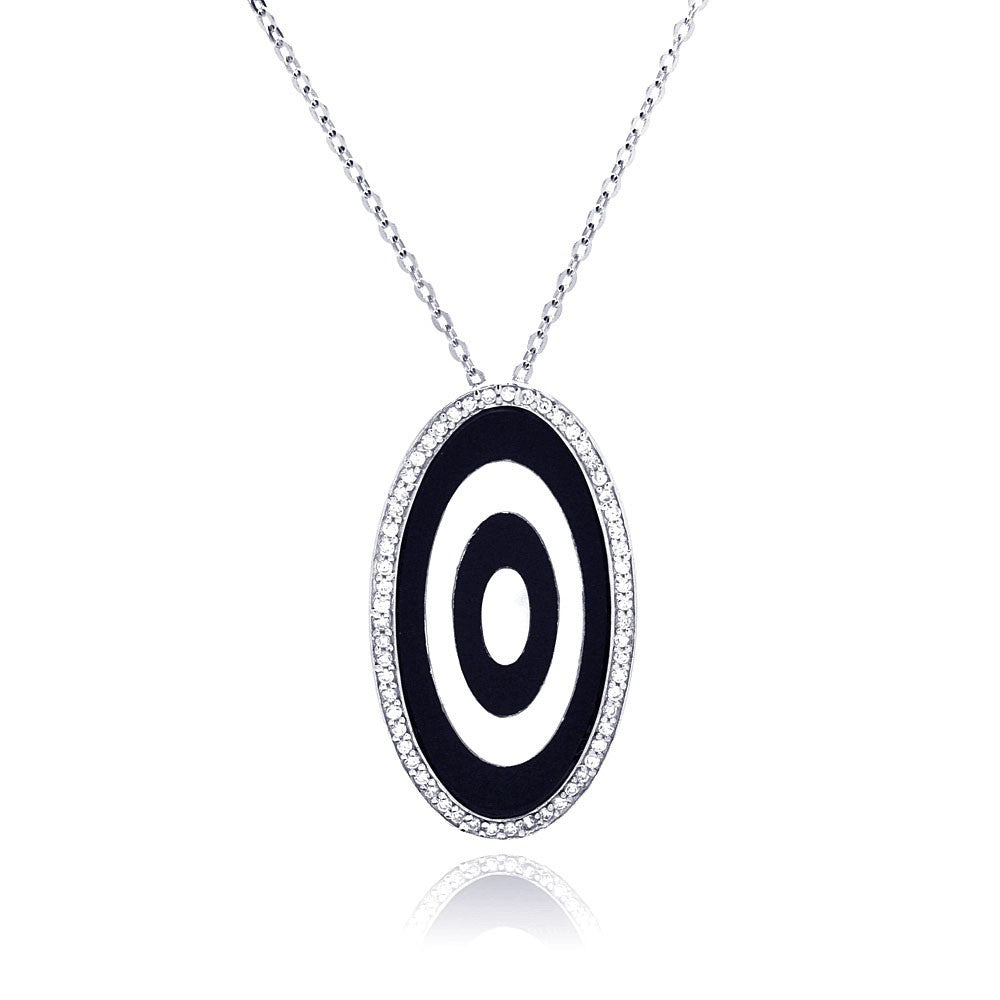 Sterling Silver Necklace with Oval Black and White Toned Evil Eye Inlaid with Clear Czs Pendant