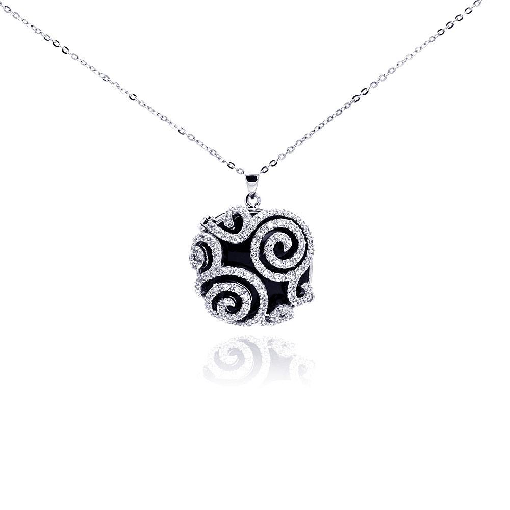 Sterling Silver Necklace with Stylish Round Black Onyx Pendant and Filigree Czs Inlaid