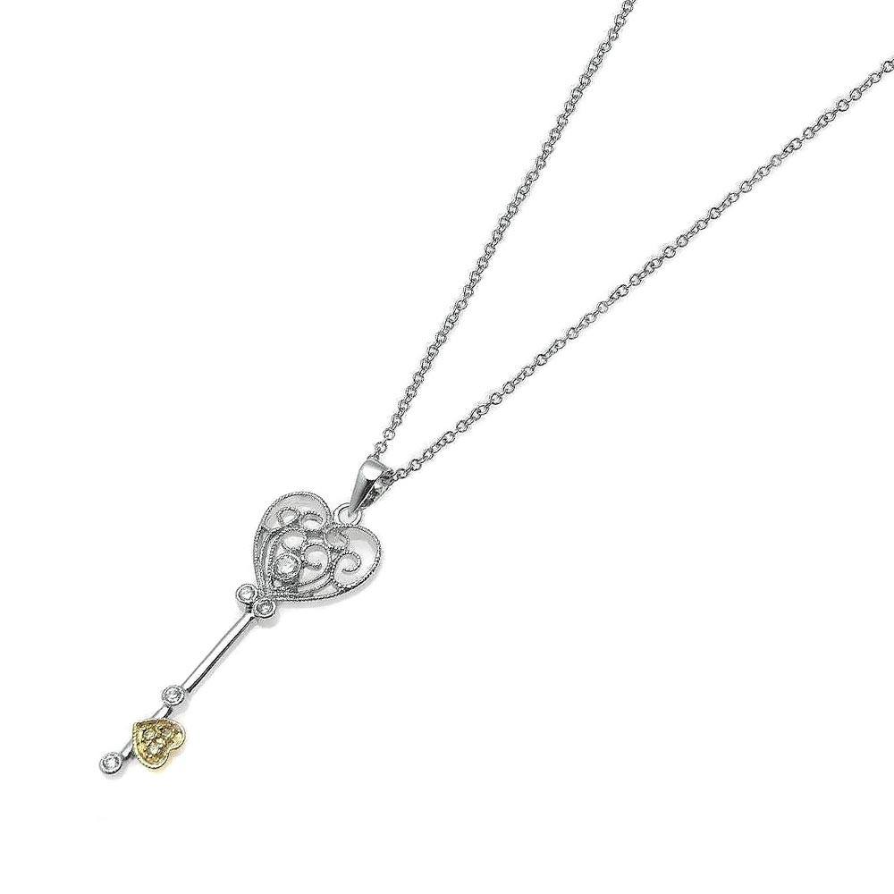 Sterling Silver Necklace with Filigree Heart Key Inlaid with Clear Czs Pendant