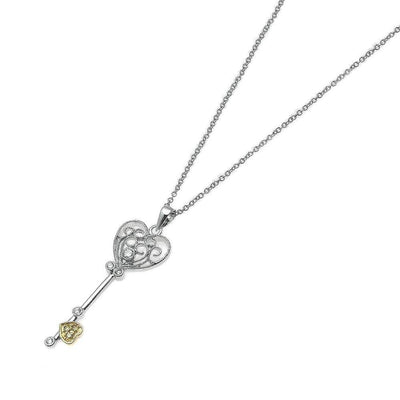 Sterling Silver Necklace with Filigree Heart Key Inlaid with Clear Czs Pendant