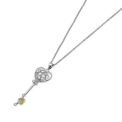 Sterling Silver Necklace with Filigree Heart Key Inlaid with Clear Czs Pendant