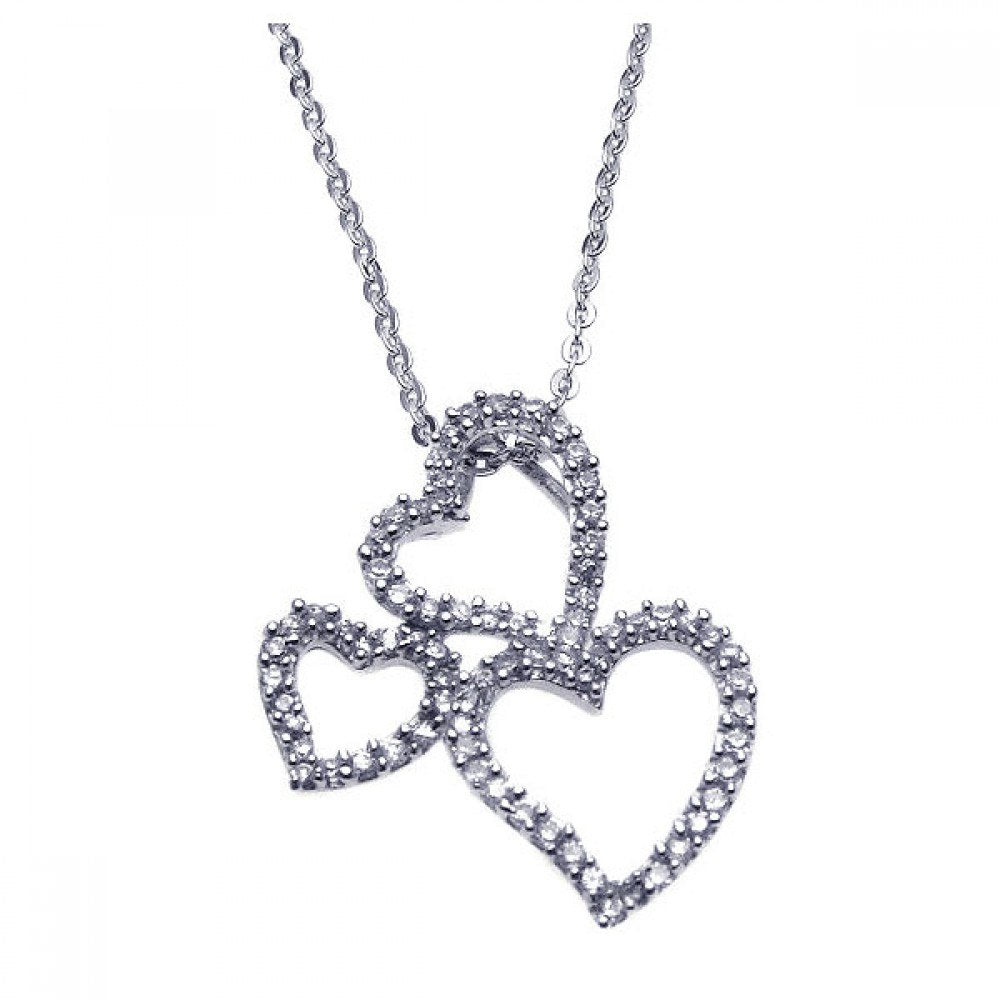 Sterling Silver Necklace with Three Fancy Paved Heart Pendant